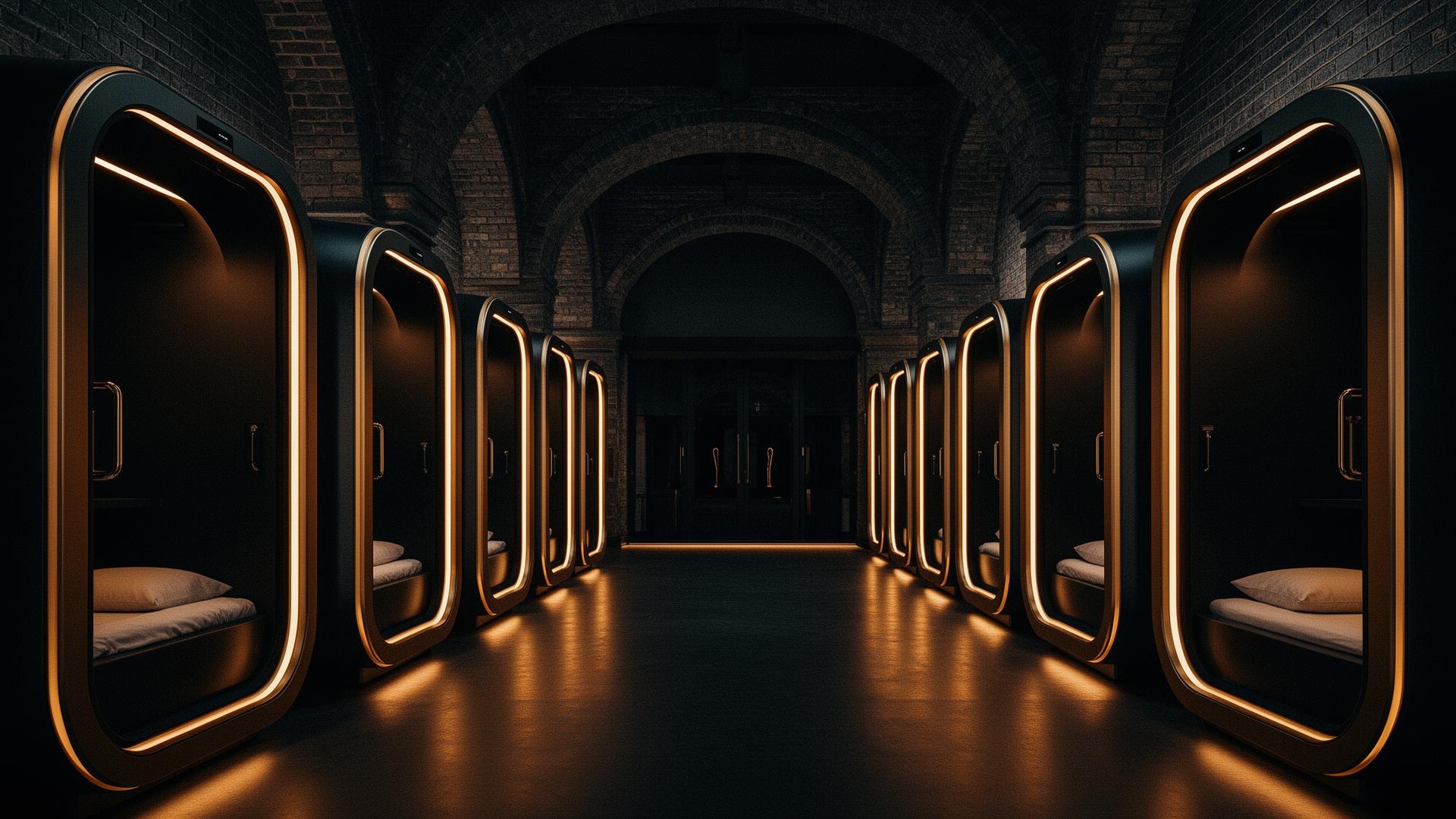 Glowing sleeping capsules inside the heritage Clocktower building